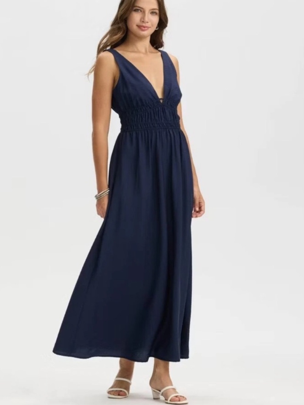 A new day NWT XS (S) Navy Sleeveless Maxi Dress Smocked Waist low V rayon feel